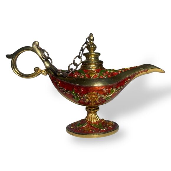 Aladdin Magic Lamp Miniature Brass Enamel Length 4.75" Trinket Holder Home Decor - Picture 2 of 7